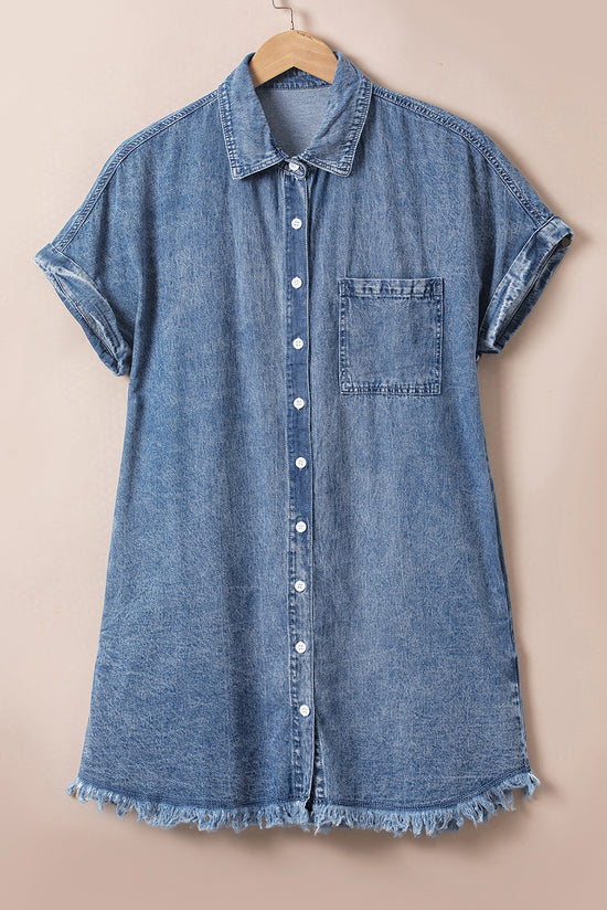 Mineral washed -out blue denim dress with reverse sleeves and effiloche hem