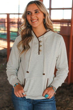 Beige Henley Hoodie with Kangaroo Pocket and Drawstring