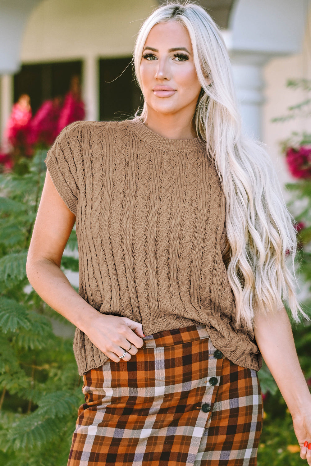 Pull à manches courtes en tricot torsadé beige français clair
