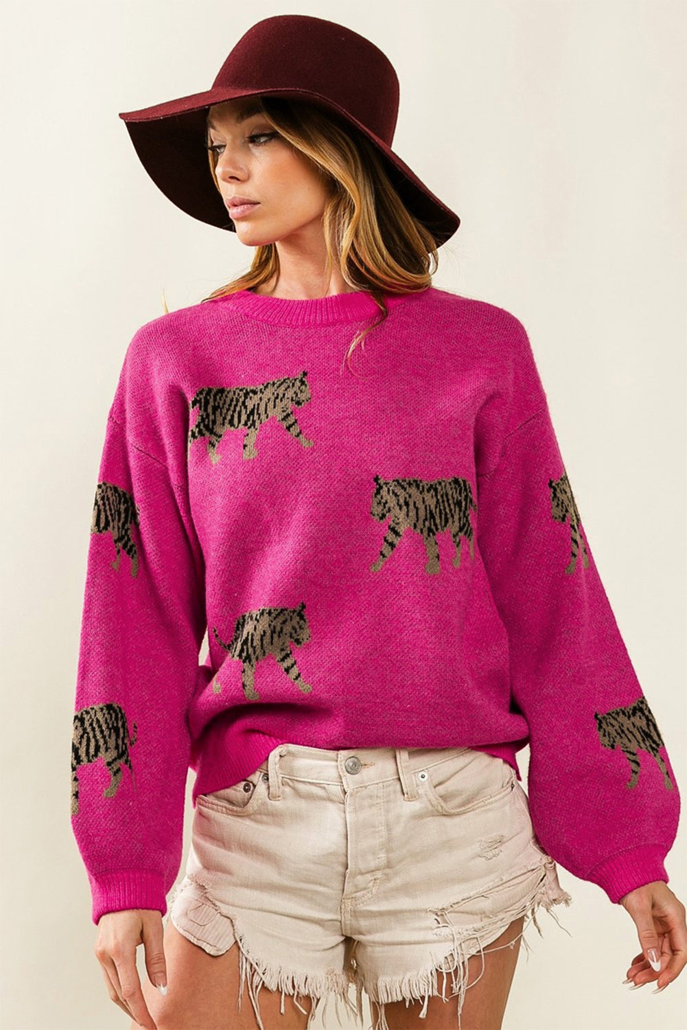 Rose Red Fierce Animal Muster Casual Strickpullover