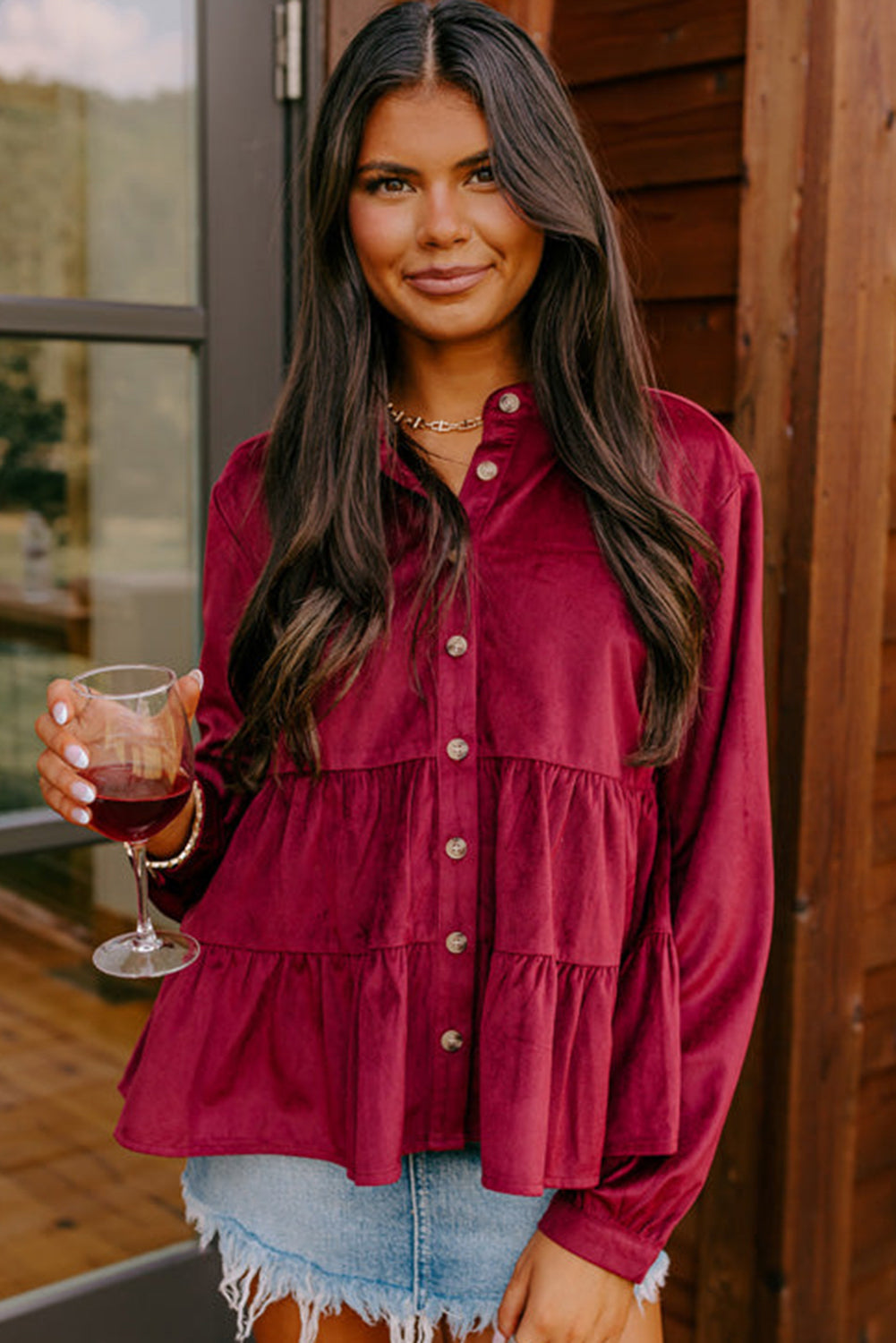 Burgundy Corduroy Ruffle Tiered Buttoned O Neck Shirt