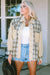 Khaki distressed denim jacket with plaid and patchwork with raw edges