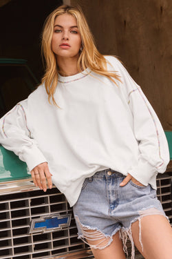 White Drop Shoulder Sweatshirt with Contrast Rainbow Trim