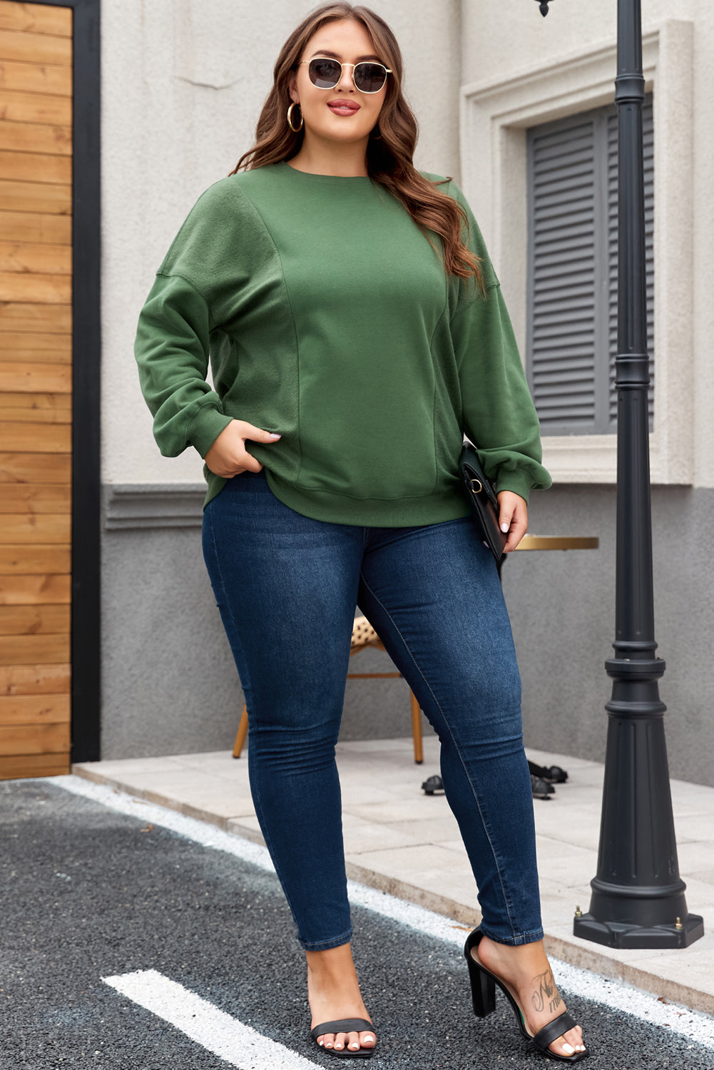 Blackish Green Plus Size Round Neck Patchwork Loose Sweatshirt