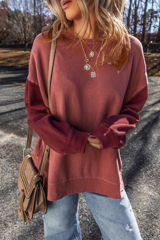 Mineral Red Two-Tone Patchwork Drop Shoulder Sweatshirt