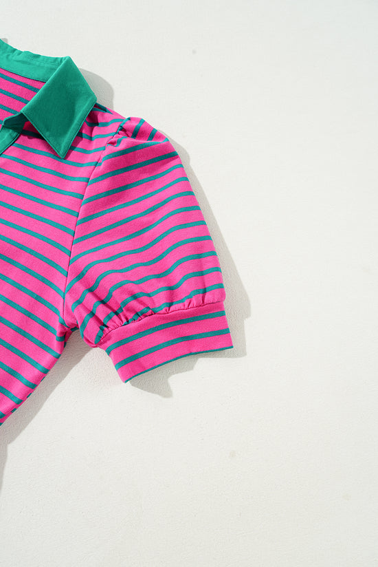 Striped pink t-shirt dress, V * collar