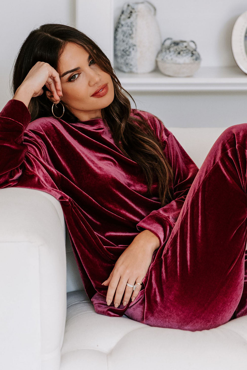 Fiery Red Solid Velvet Two Piece Lounge Set