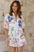 White Shirt Collar Romper with Pockets and Floral Print Split Collar