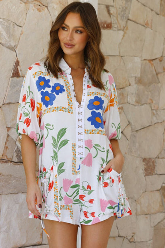 White Shirt Collar Romper with Pockets and Floral Print Split Collar