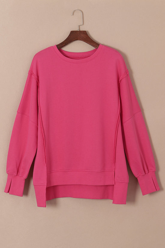 Pink Sweatshirt with Exposed Seams, Dropped Shoulders, Slit, High Low Hem