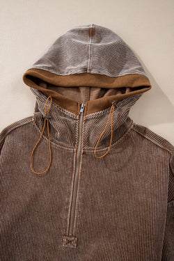 Brown corduroy hoodie with half zip and kangaroo pocket with drawstring