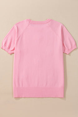 High knitted with short sleeves with pink flowers pattern