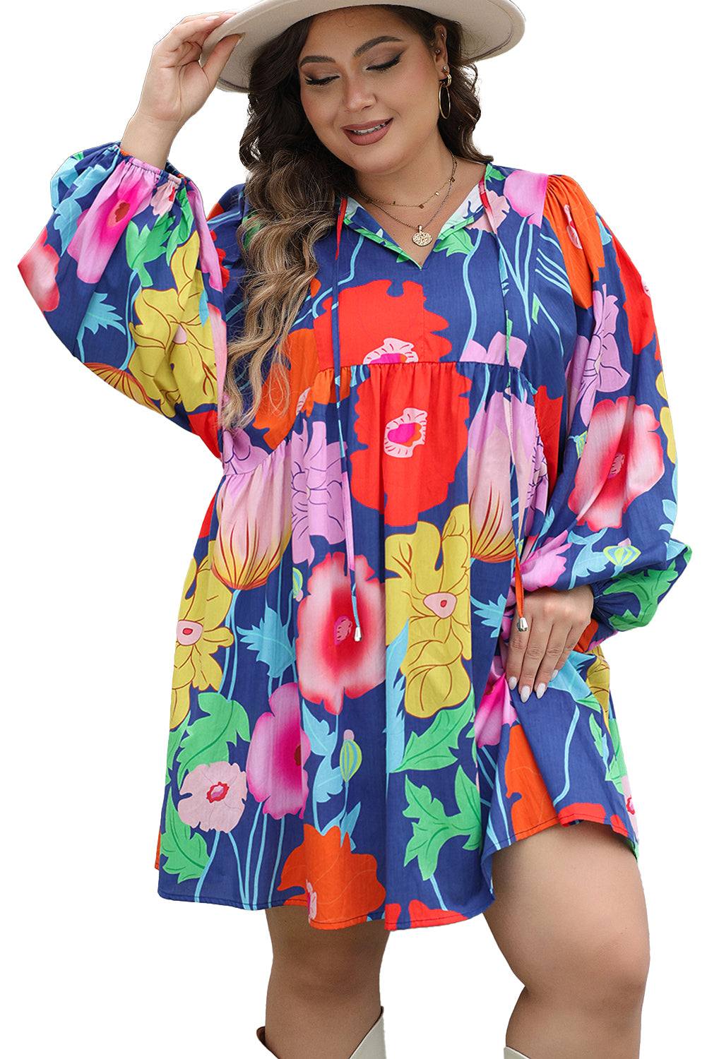 Blue Plus Size Floral V Neck Balloon Sleeve Babydoll Dress