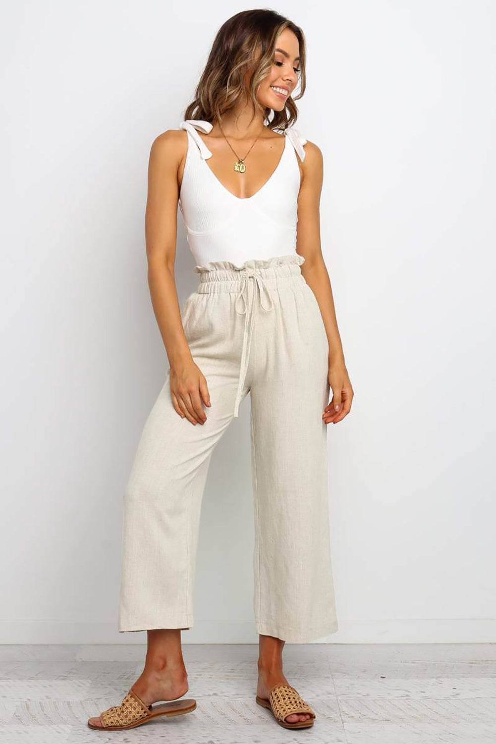 Khaki Paperbag Waist Straight Leg Cropped Pants