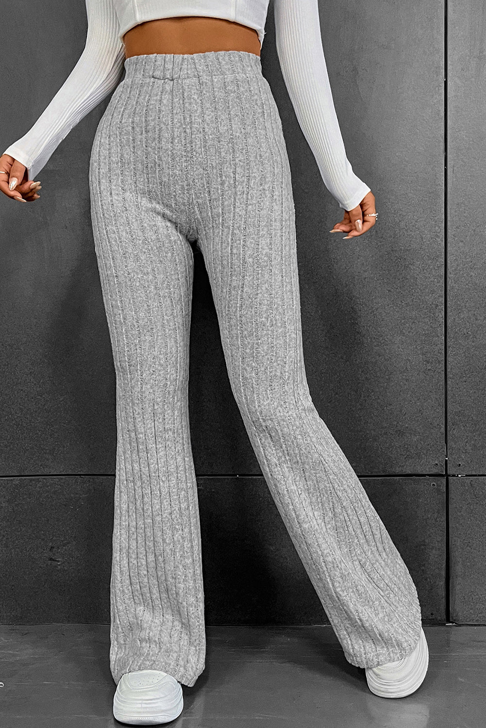 Solid Color Grey High Waisted Ribbed Flare Pants