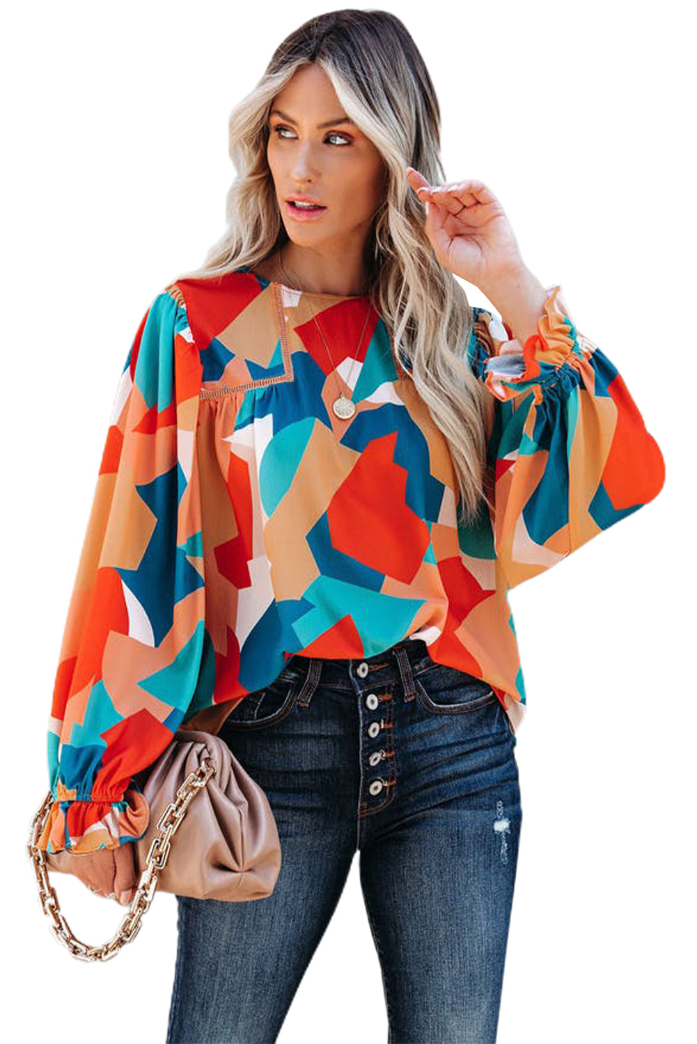 Multicolore Abstract Pattern Crewnack Clewle Sholeve Blouse