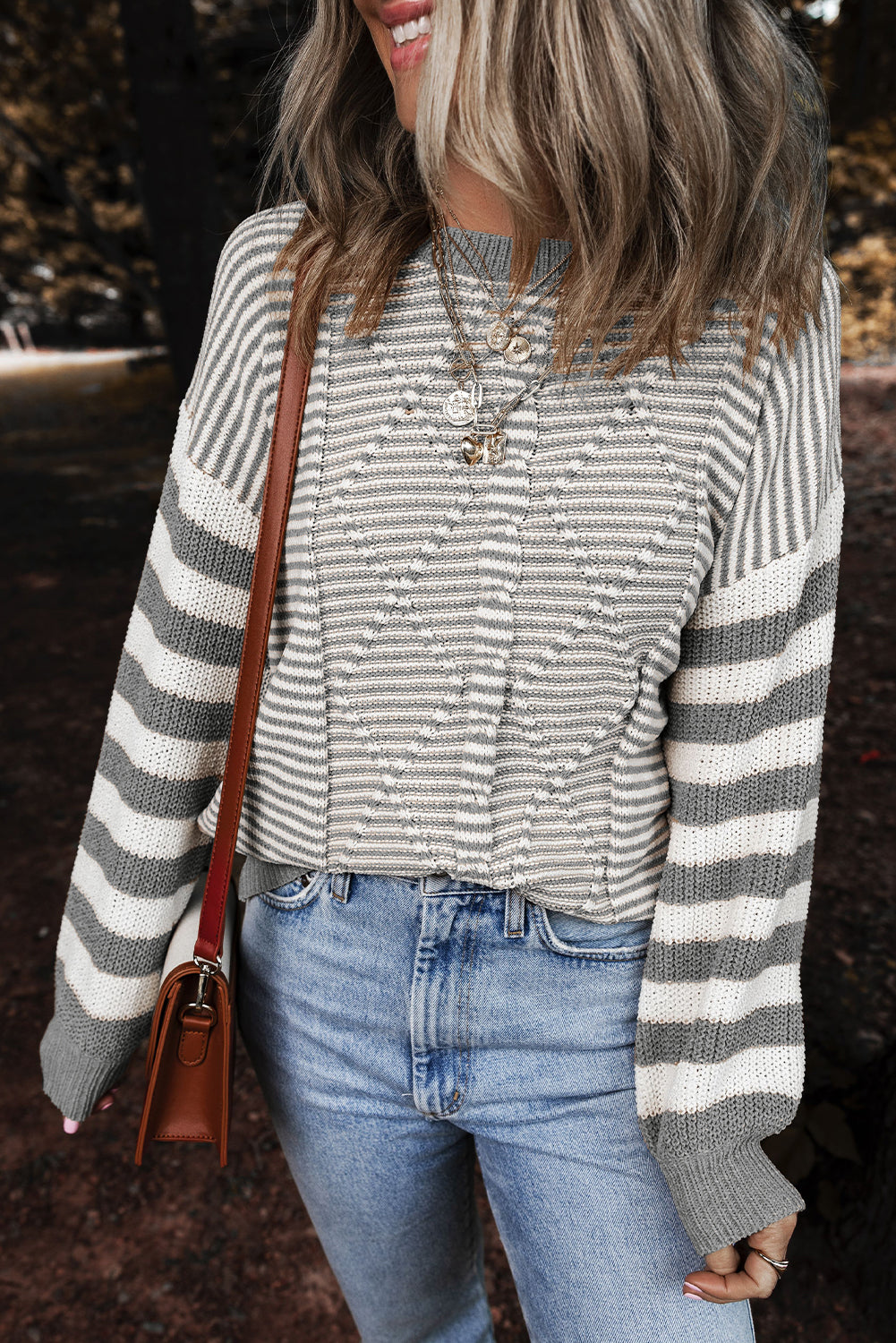 Grey Textured Geometric Striped Drop Shoulder Sweater