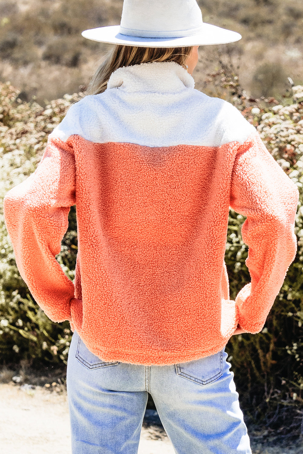 Orange Colorblock Half Reißverschluss Hals Sherpa Sweatshirt