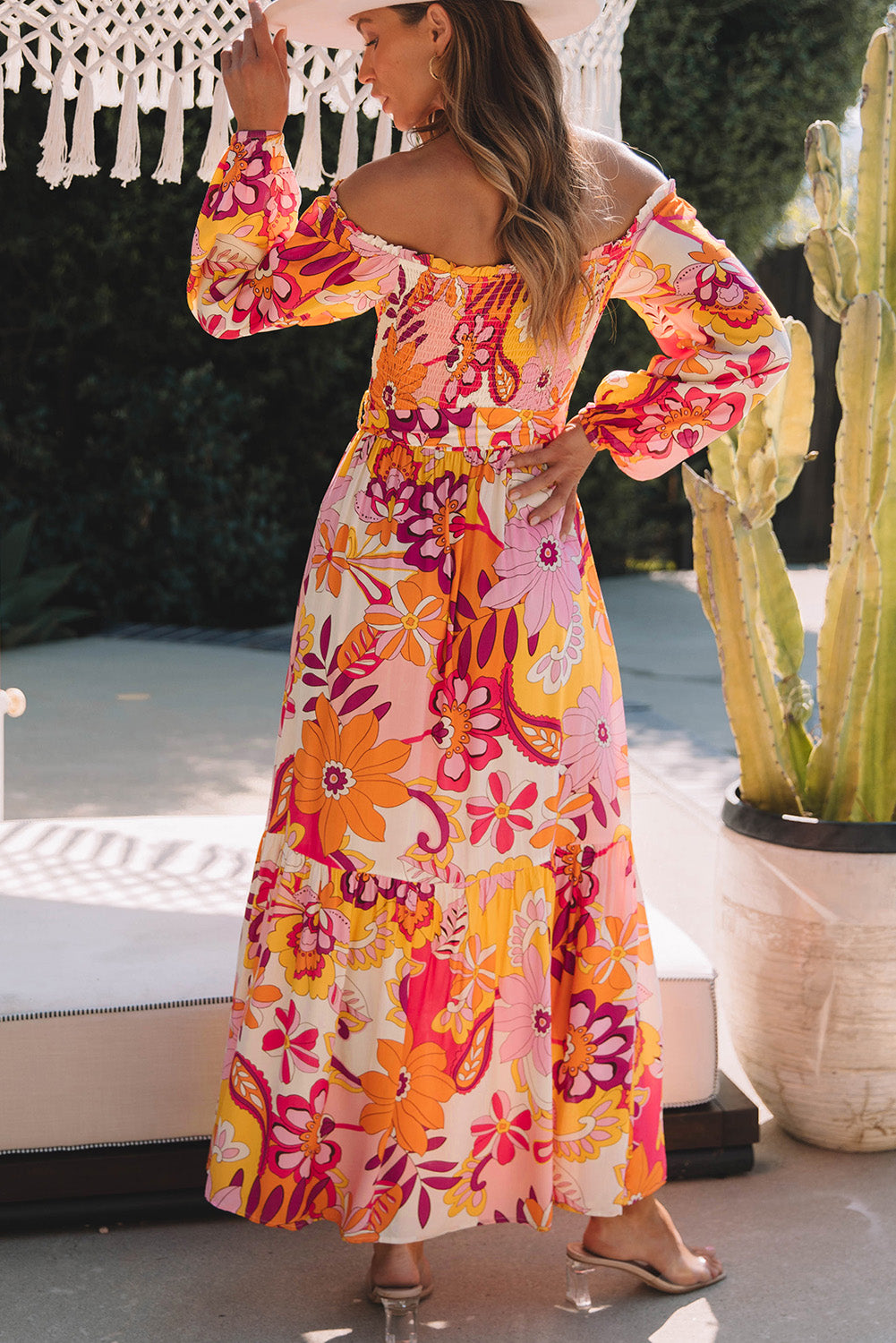 Multicolour boho floral smocké de la manche bouffée de l'épaule robe maxi