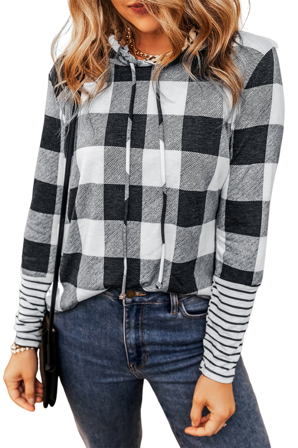 Multicolierer Plaid Striped Patchwork Draw String Hoodie