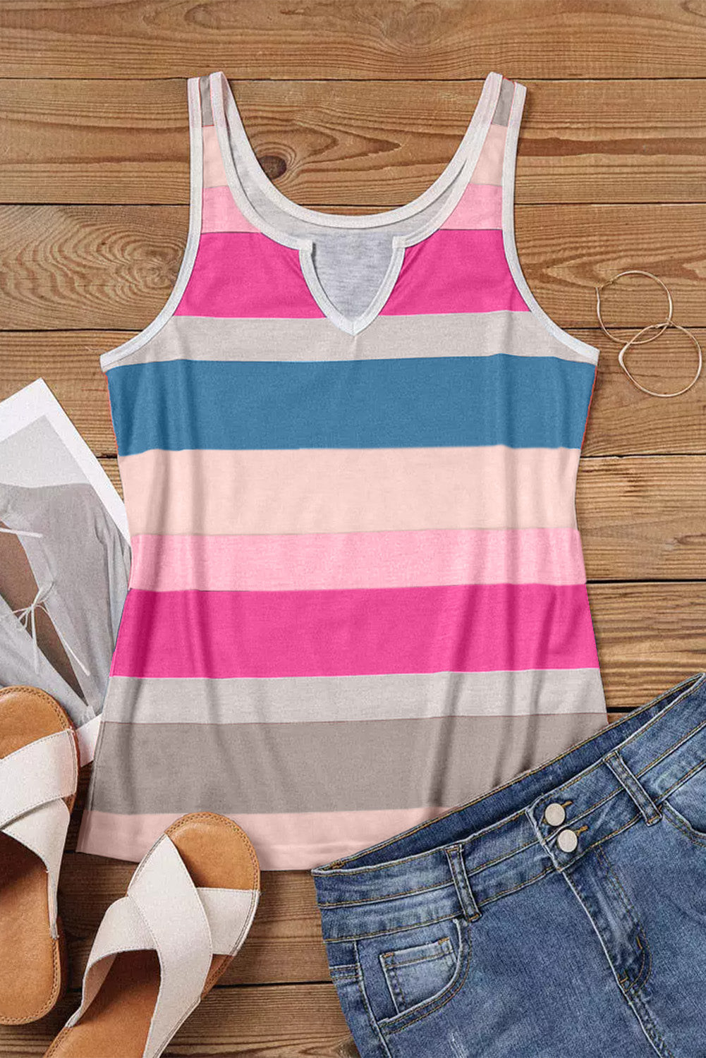 Rose Striped Color Block Notched Neck Tank Top