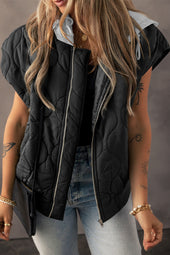 Black quilted hooded vest with drawstring zipper