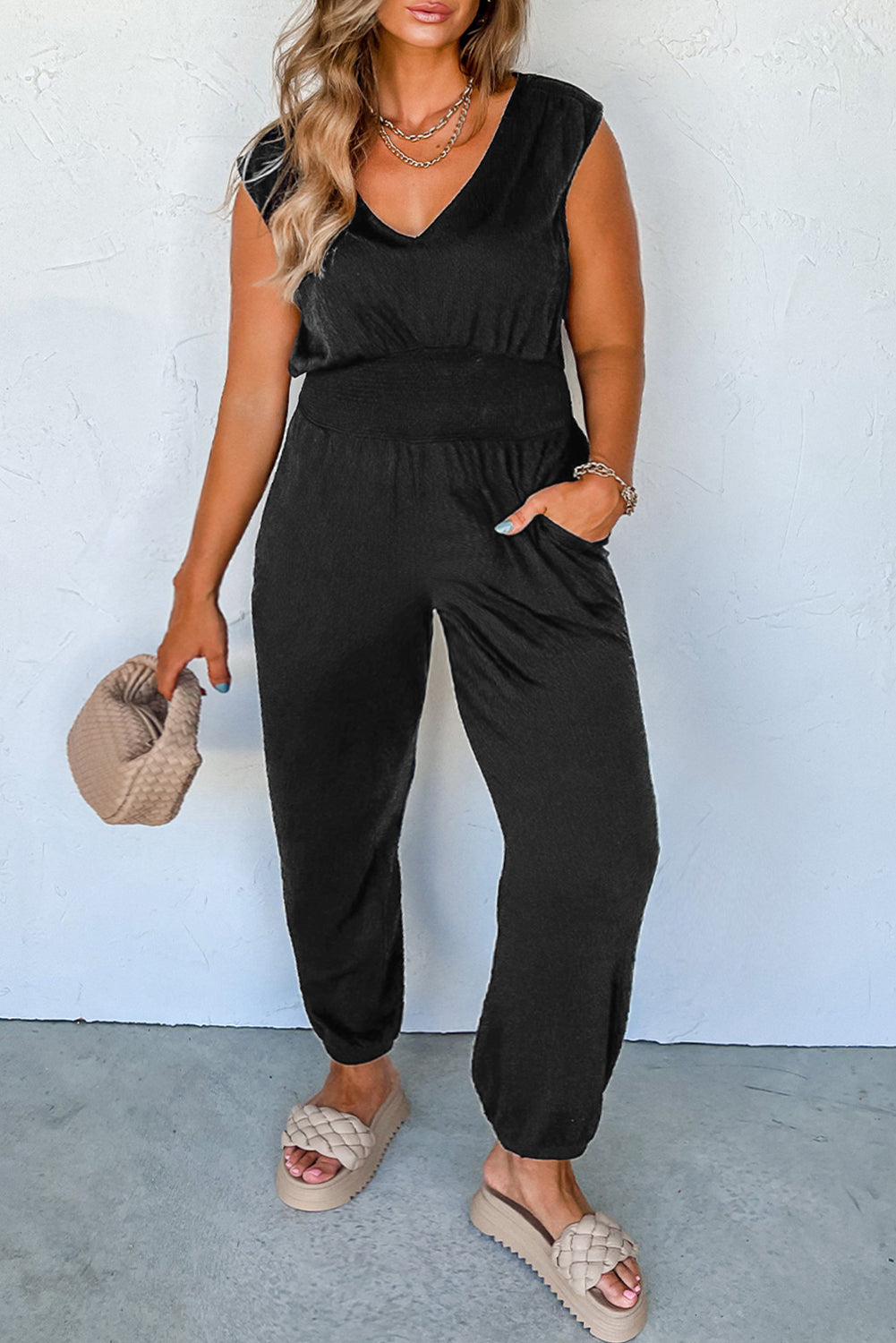 Black Plus Smocked High Waist Sleeveless V Neck tute