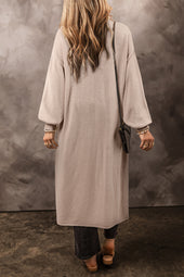 Beige knitted long cardigan with open front side pockets