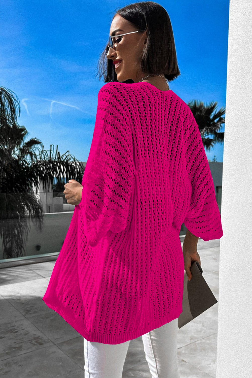 Cardigan en tricot à manches bracelet ajouré rose-A WOMAN WE LOVE