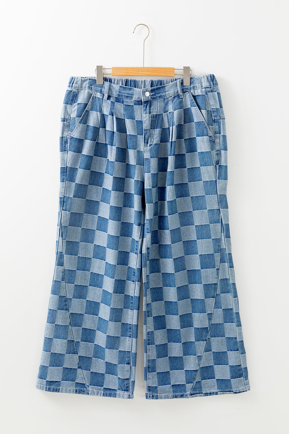 High Waisted Wide Leg Jeans with Plaid and Stitching in Dusk Blue