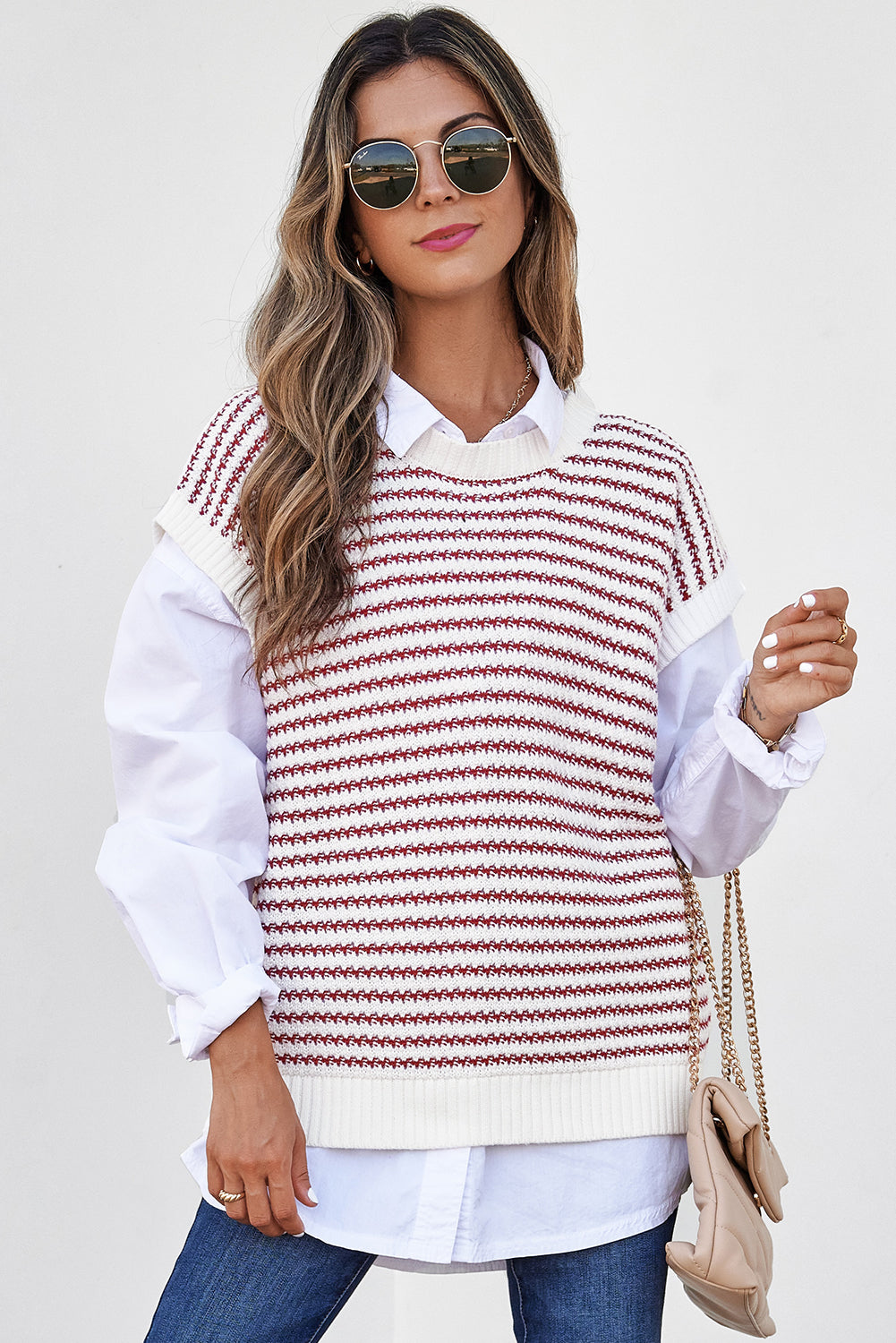 Red Stripe Ribbed Trim Loose Fit Knitted Sweater Vest