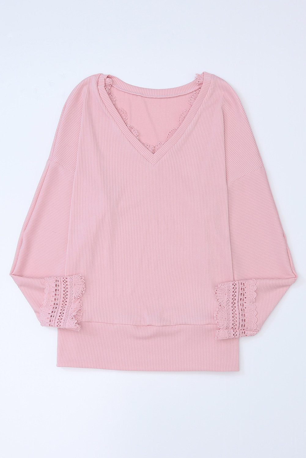 Pink Ribbed Texture Lace Trim V Neck Long Sleeve Top