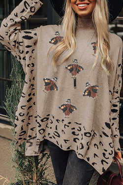 Khaki turtleneck sweater with slits, mixed pattern, turkey leopard pattern and slits