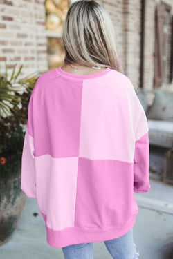 Henley High Low Pink Color Block Oversized Sweatshirt