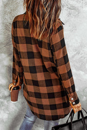 Brown plaid shirt coat with turn-down collar