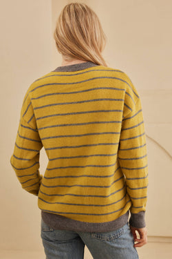 Yellow Striped Floral Daisy Knitted Crew Neck Sweater