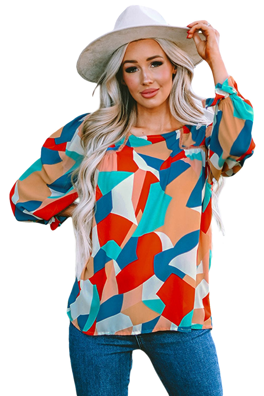 Multicolore Abstract Pattern Crewnack Clewle Sholeve Blouse