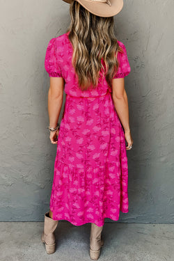 Mid-long pleated fluid dress with floral print and red tightening cord