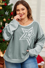 Mist Green Star Patchwork Crew Neck T-Shirt Plus Size