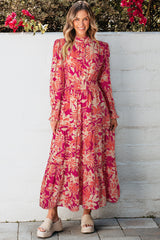 Robe longue taille haute smockée boutonnée à imprimé floral rose