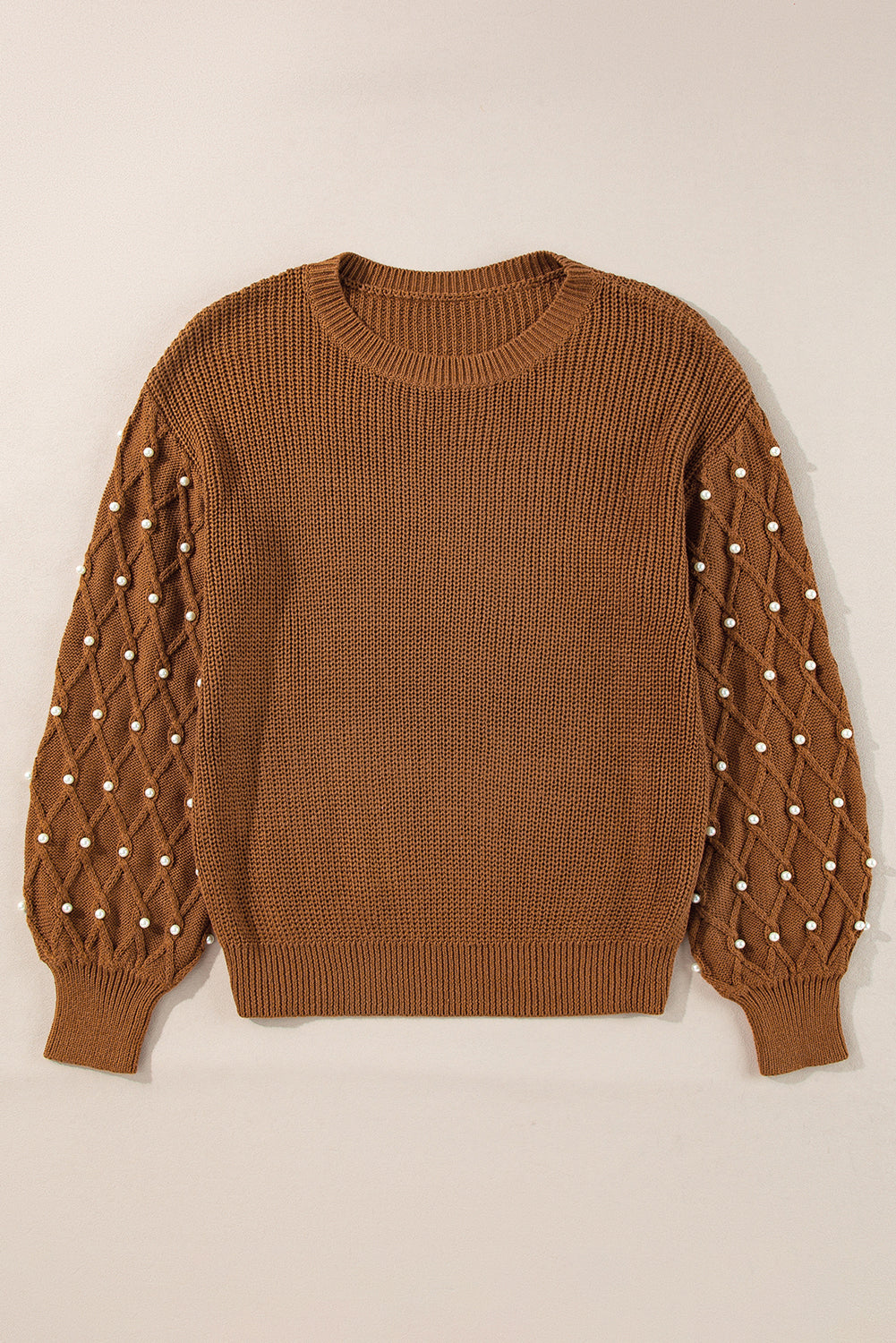 Chestnut sweater with round neck and pearl-embellished dropped shoulders