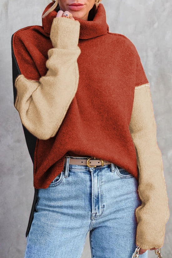 Clay Red Drop Shoulder Turtleneck Knit Sweater