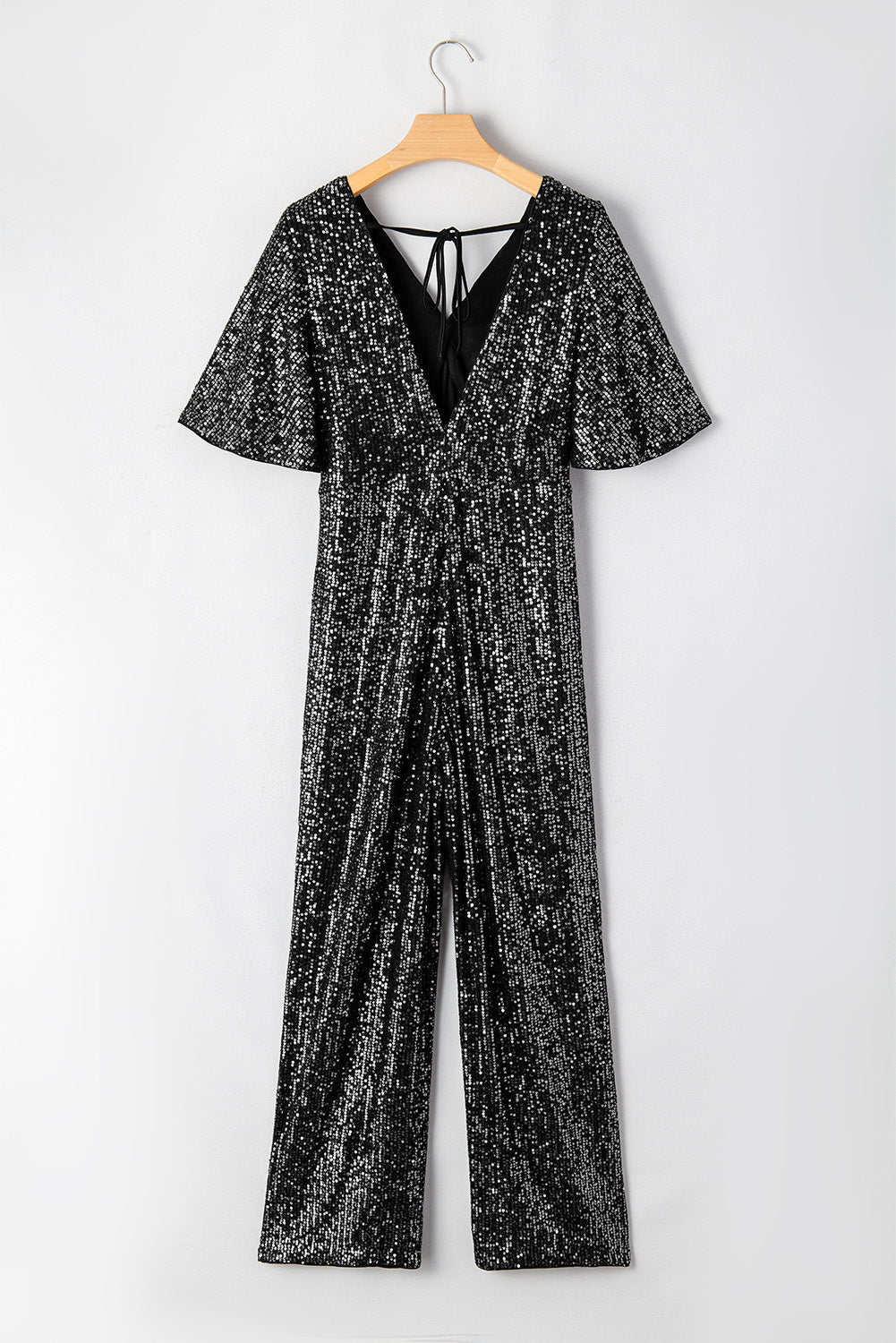 Black Sequin Jumpsuit, V-Neck, Flutter Sleeves, Wide Leg