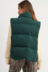 Jungle Green Corduroy Stand-Up Collar Zip-Up Down Jacket