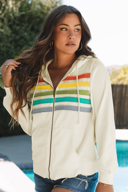 Apricot Color Block Striped Patchwork Zip Up Hoodie with Side Pockets