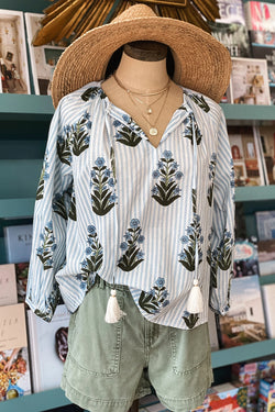 Beautiful Blue - Long sleeve blouse and floral print with striped and collar in tied