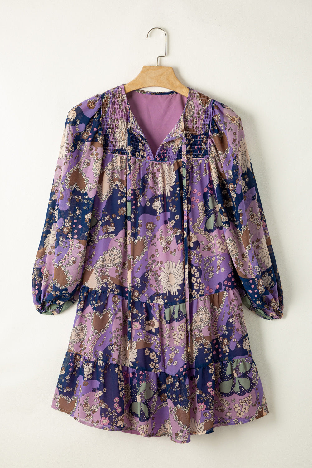 Vintage Daisy Purple Floral Puff Sleeve Ruffle Short Dress