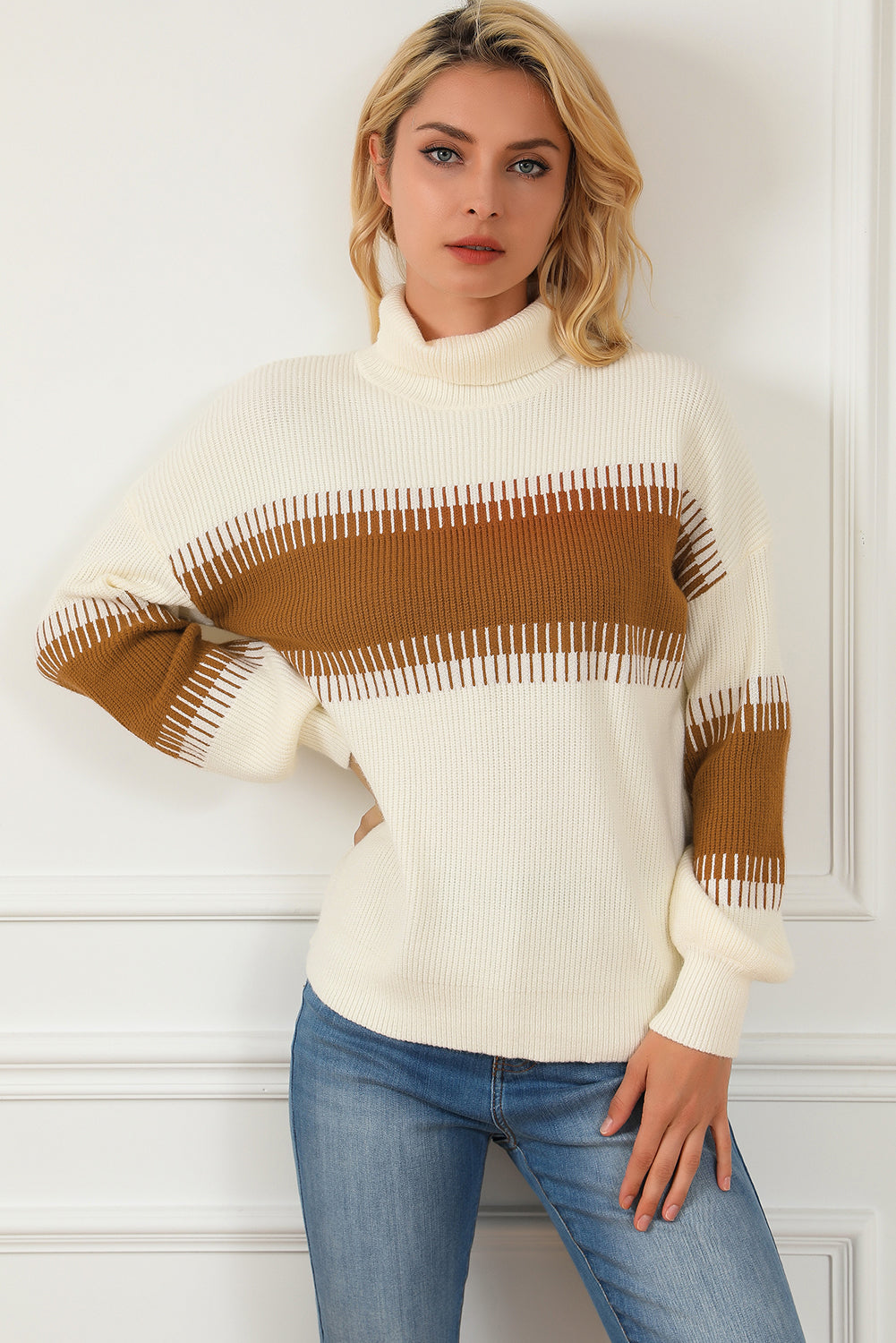 White printed patchwork turtleneck knitted sweater