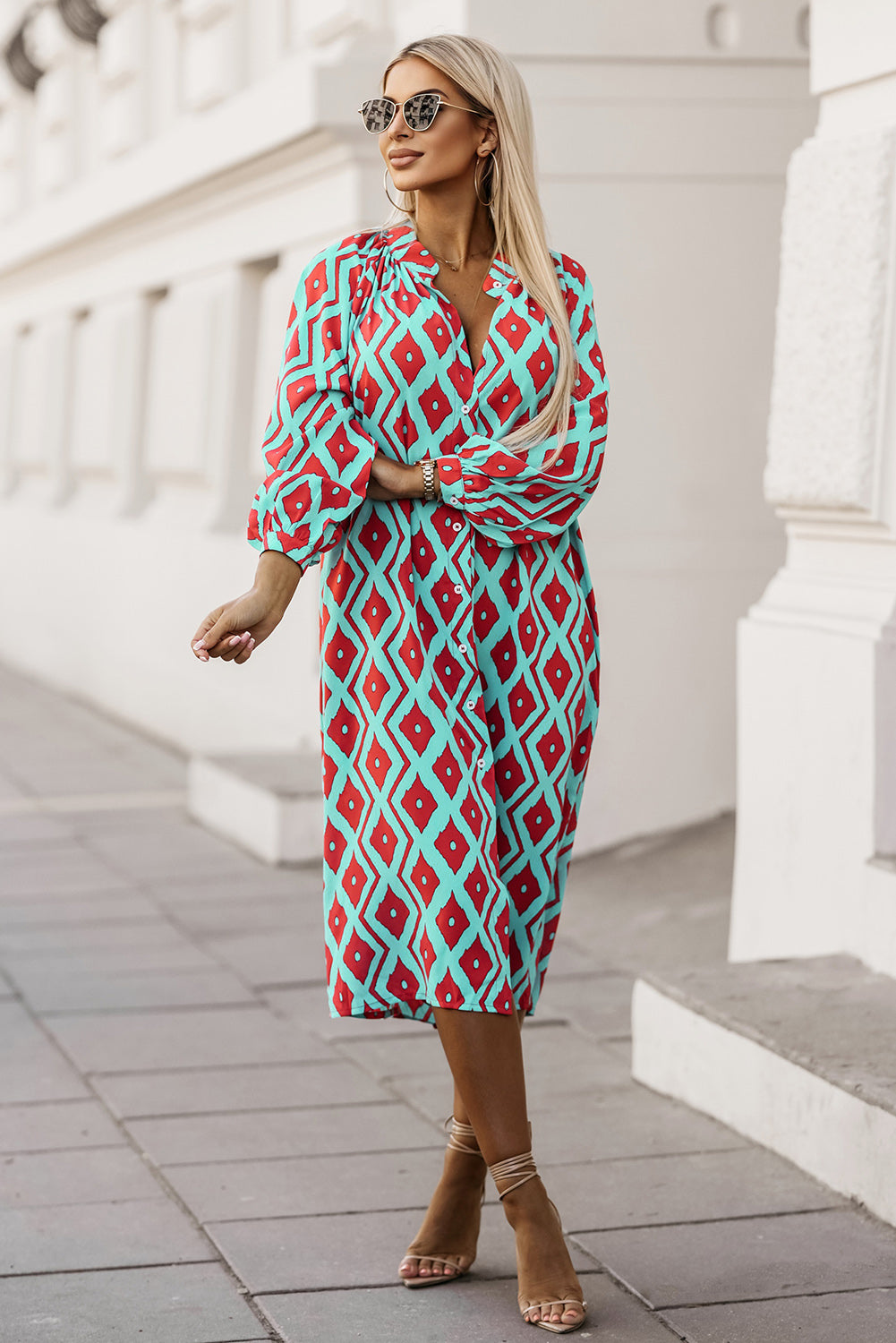 Sky Blue Western Geometric Print Split Buttoned Shirt Dress