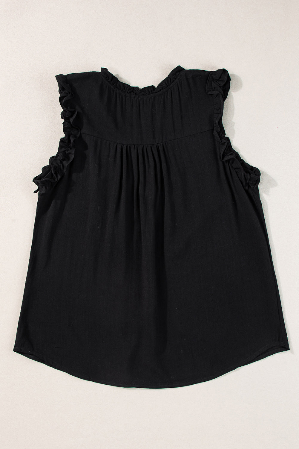 Black Button Split Neck Ruffled Trim Tank Top